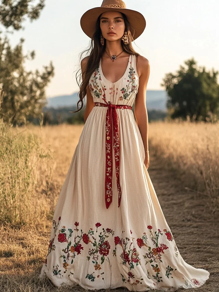 Western Girl Floral Embroidery Women's Linen Vest Dress
