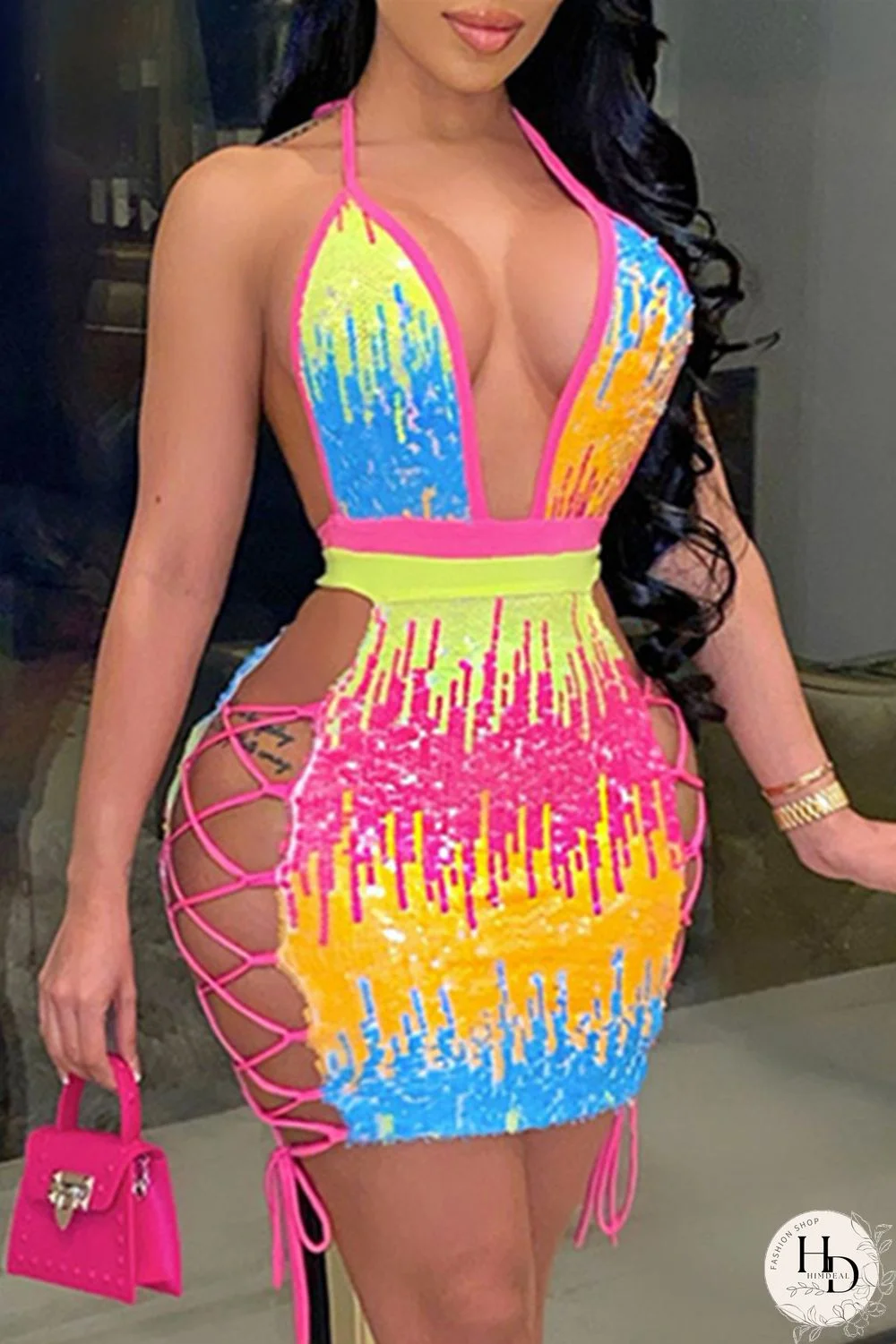 Rose Red Fashion Sexy Patchwork Hollowed Out Sequins Backless Halter Sling Dress