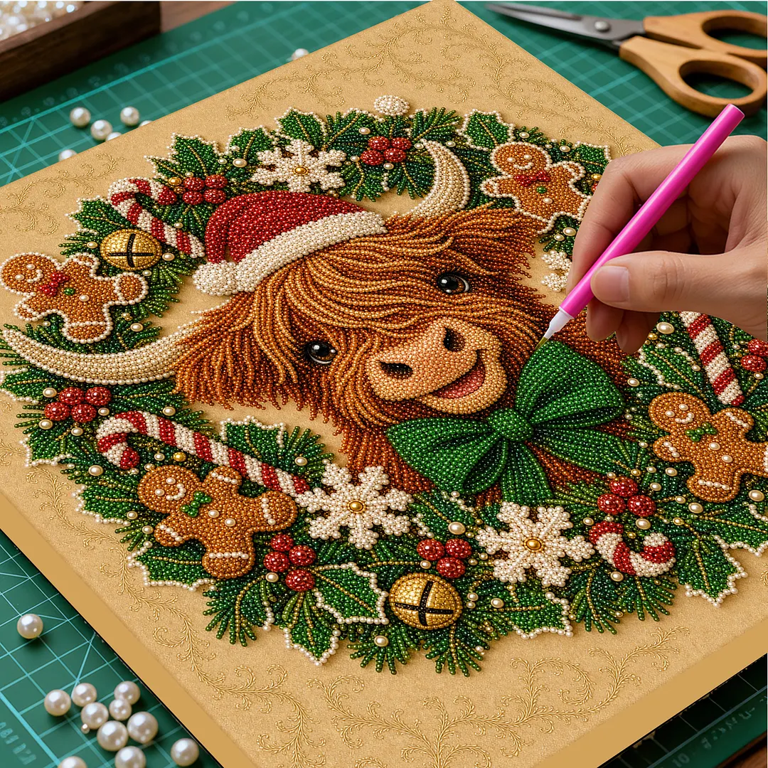 Framed Pearl Painting Kit Scottish Scotland Celtic Cow Christmas Wreath 7.87x7.87in