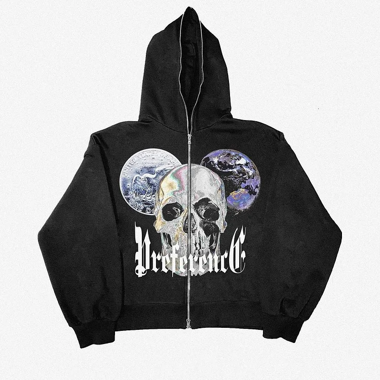 Skull Print  Full Zip Up Hoodie Sweatshirt Men's Loose Round Neck Long Sleeve Jacket-VESSFUL