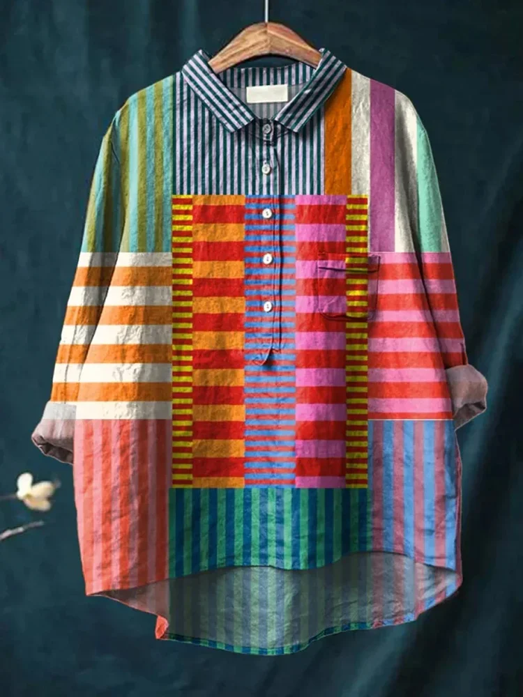 Lunivibe Women’s Colorful Patchwork Striped Cotton Linen Blouse