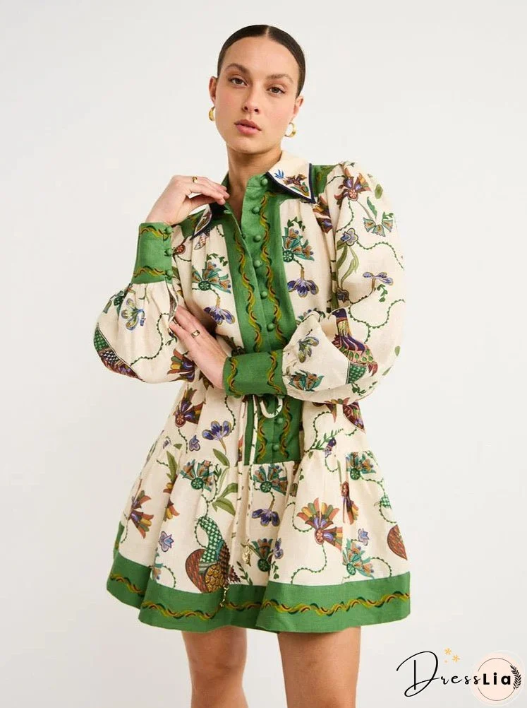 Single-breasted Lantern Sleeve Graffiti Print Lace-up Waist Maxi Dress