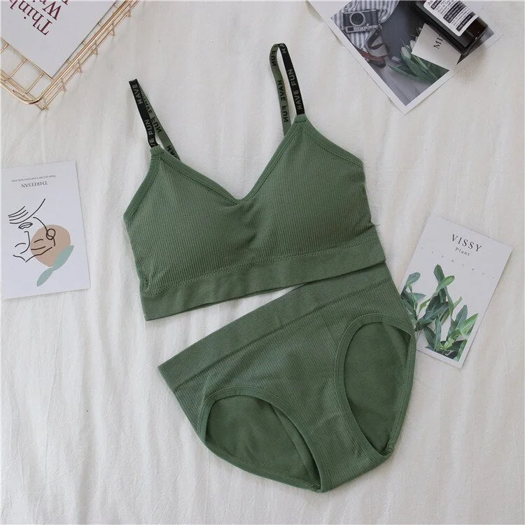 Sexy women's bra underwear set push-ups sports bra set letter transparent strap active bra female underwear set top fitness unde
