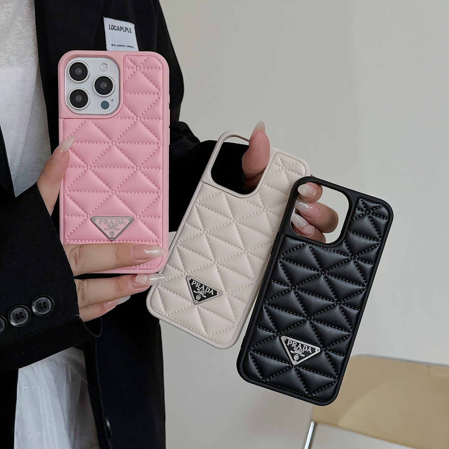 Prada Elegant Metal Monogram Diamond-Quilted Lambskim Leather Apple iPhone Case
