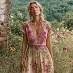 Boho Ethnic Floral Embroidery Women's Linen V-neck Short Sleeve Maxi Dress - Image 2