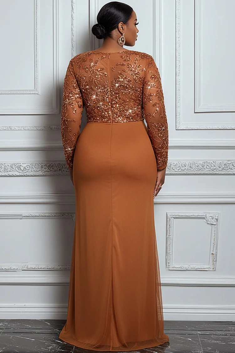 Xpluswear Design Plus Size Mother Of The Bride Brown Round Neck Long Sleeve Bodycon Elegant Sequin Maxi Dresses [Pre-Order]