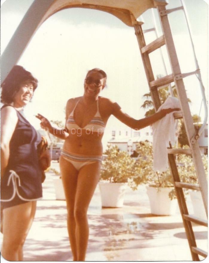 A Day At The Pool FOUND Photo Poster painting Color BIKINI WOMAN Original MAN 1970's JD 110 25 I