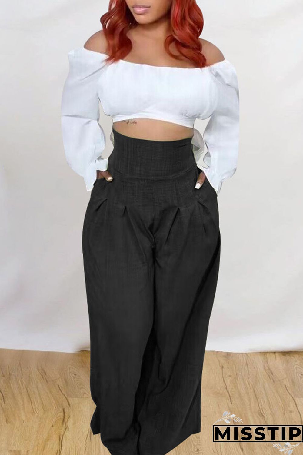Black Casual Solid Patchwork High Waist Straight Solid Color Bottoms