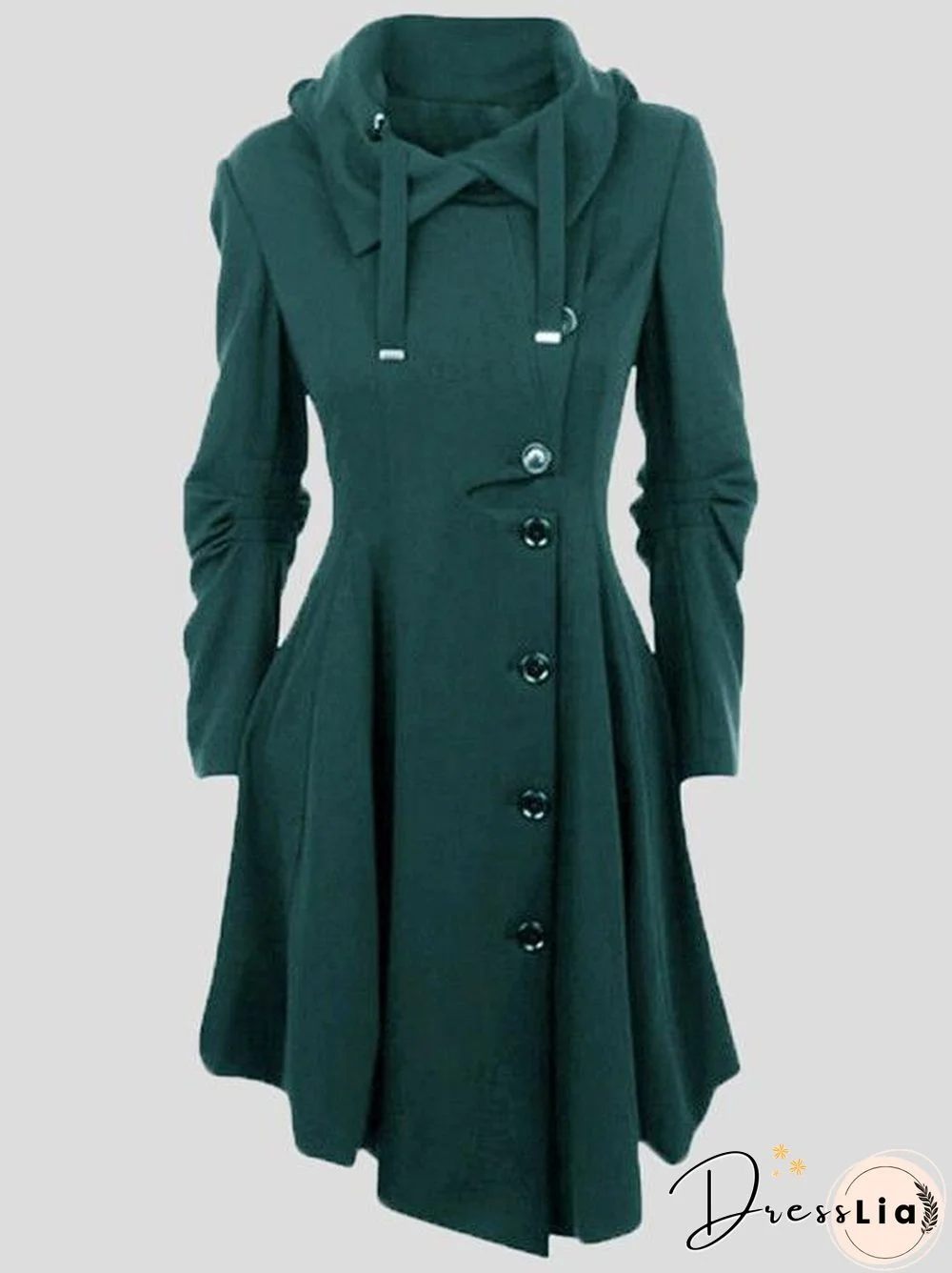 Women's Coats Irregular Pocket Drawstring Buttons Hooded Coat
