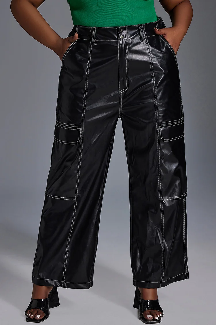Xpluswear Design Plus Size Daily Pants Black High Waist PU Leather Cargo Pants With Pockets [Pre-Order]
