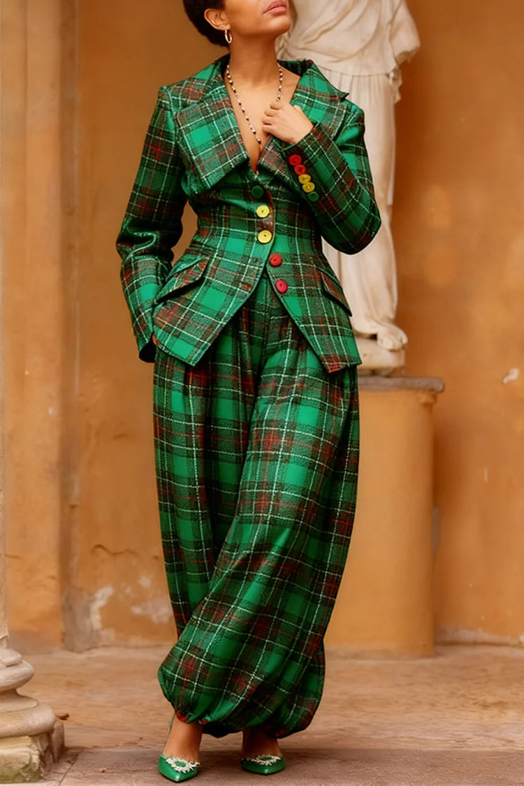 Plus Size Christmas Green Plaid Turndown Collar Long Sleeve Pocket Elegant Jogging Two Piece Pant Sets [Pre-Order]