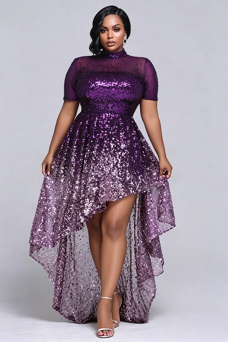 Xpluswear Design Plus Size Party Purple Stand-Up Collar Short Sleeve High Low Hem See Through Sequin Midi Dresses [Pre-Order] 2024 - Xpluswear