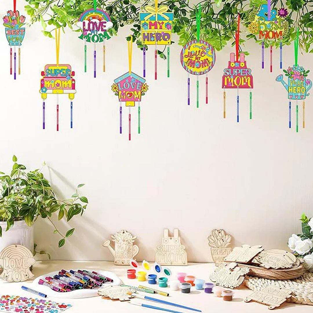 Mothers Day DIY Oil Painting Wind Chimes Wood  Chime Ornament Drawing Spring Craft Pendants for Beginners Adults Gift Home Wall Decor (Wind Chimes B)