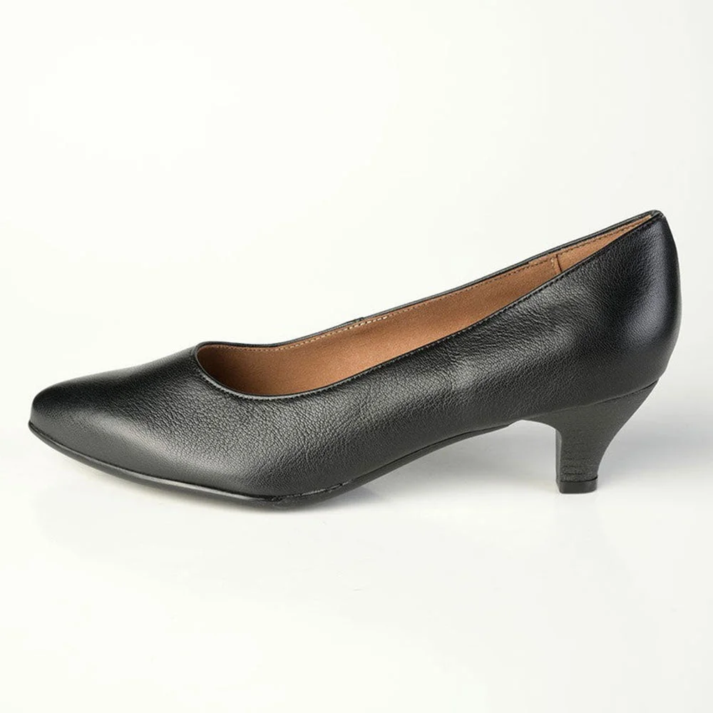 Women's Black Vegan Leather Pointed Toe Simple Low Heel Pumps