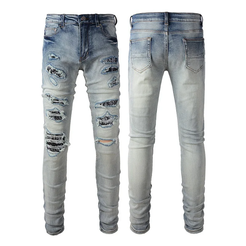 Men's Beggar Ripped High Street Jeans Skinny Biker Motorcyle Jeans