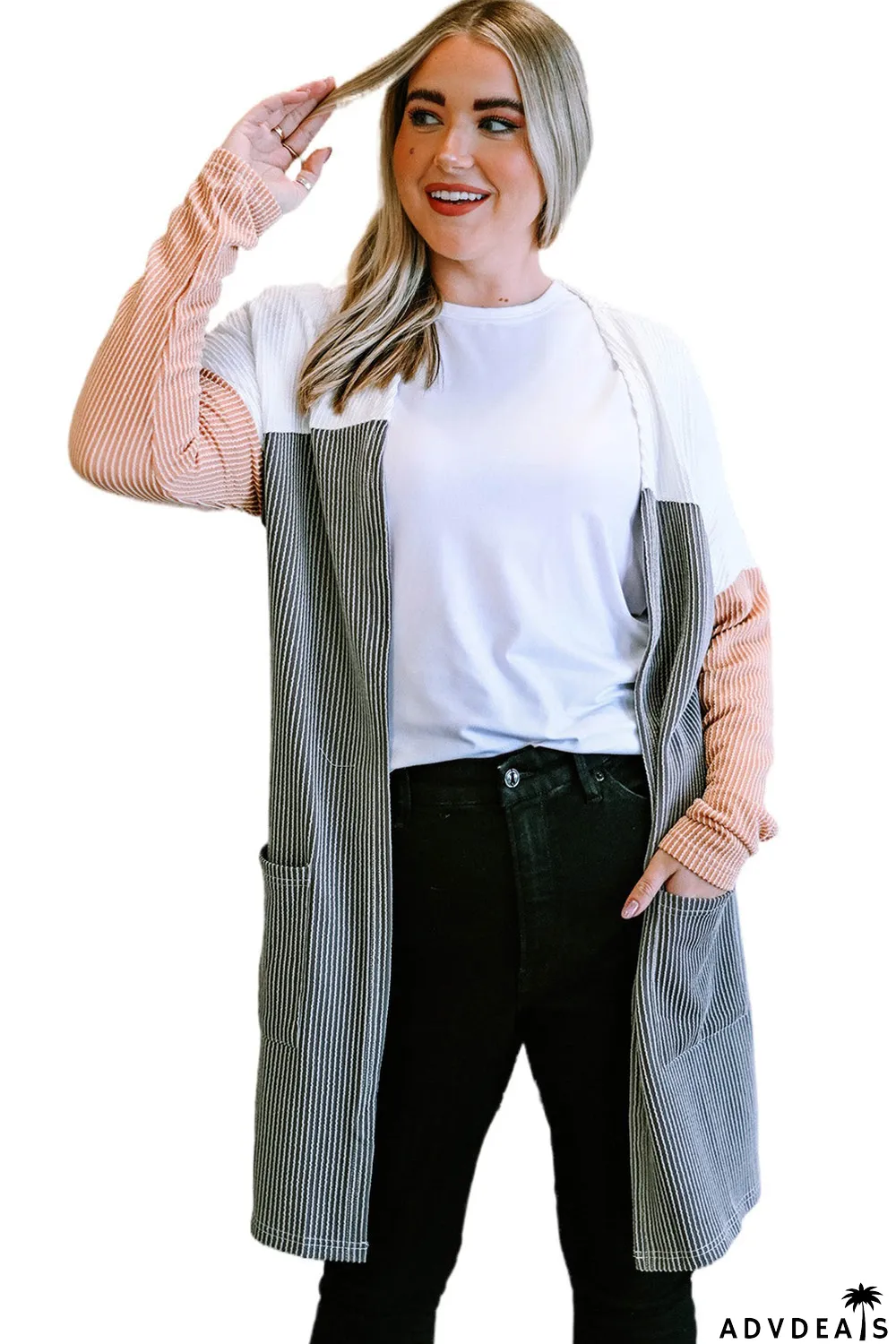 Gray Corded Colorblock Open Front Cardigan