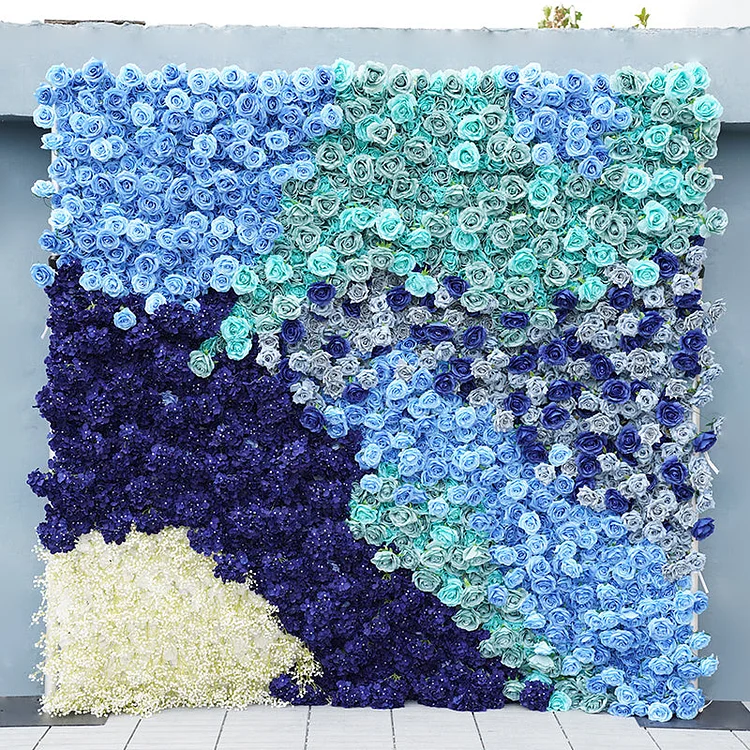 A7846 Blue Rose Hydrangea Gradient Rolling Up Fabric Curtain Flower Wall