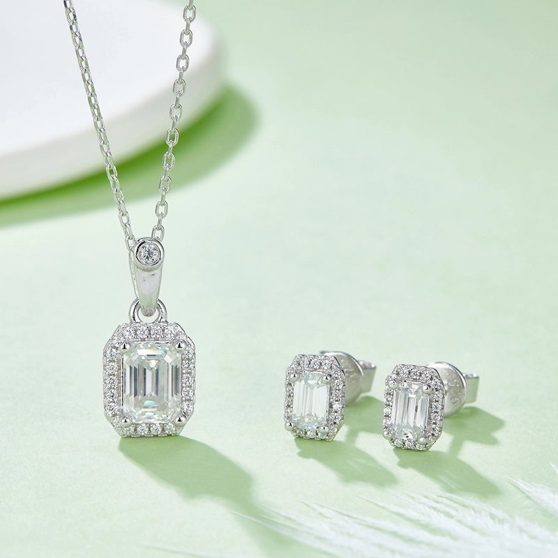 1 Piece 925 Sterling Silver Moissanite Rectangle Earrings Necklace