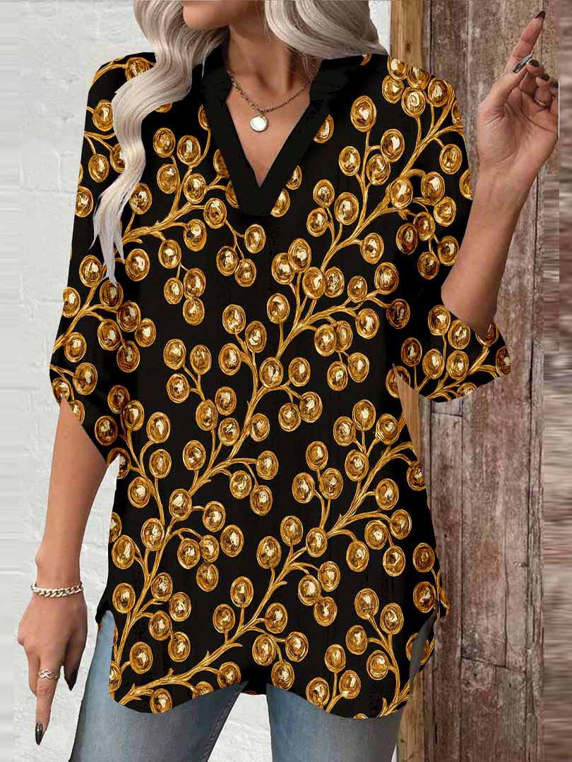 Women Baroque,Gold,Black DZGA0279 3/4 Sleeve V-neck Printed Graphic Button Tops