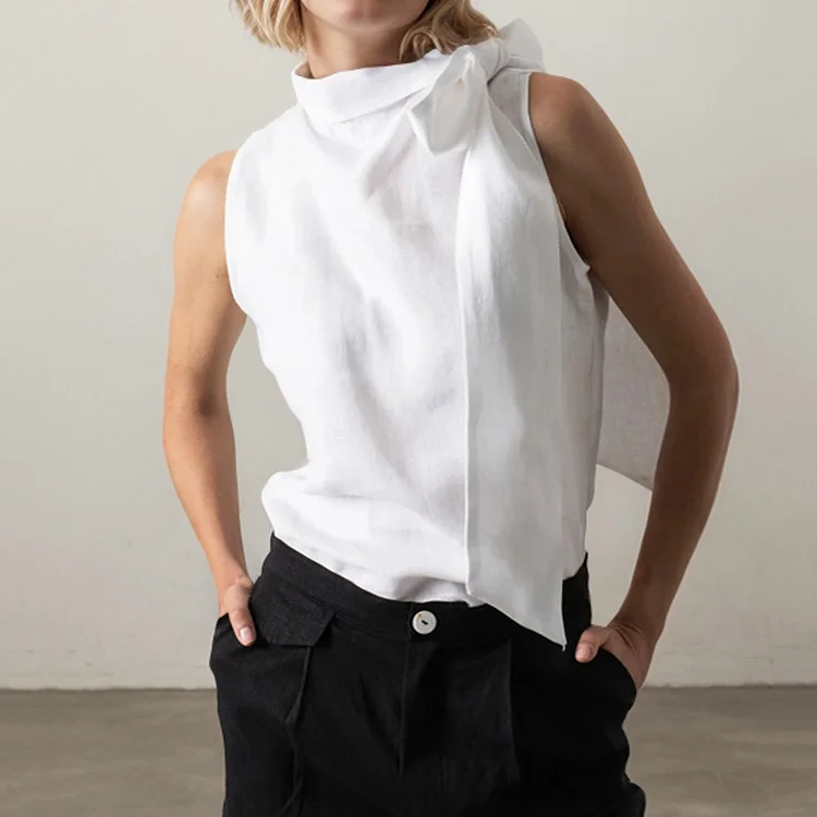 Simpfit Ärmelloses Tanktop aus Leinen für Damen, Rundhalsausschnitt, einfarbig, Knotendesign
