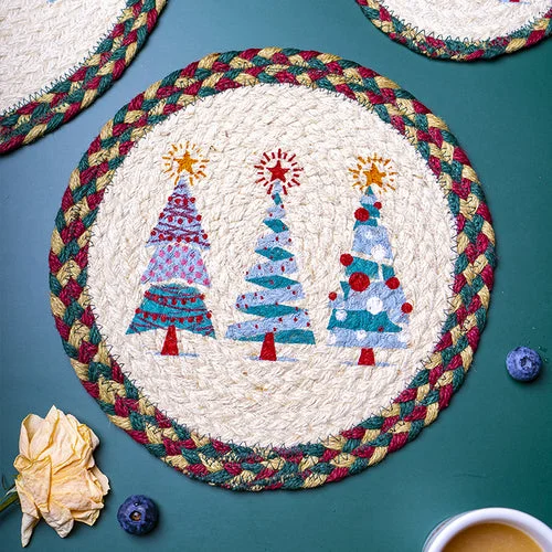 Christmas Hand-Woven  Heat Proof Mat Printed Coaster round Mat Placemat Creative Potholder Non-Slip Mat Scald Preventing Met