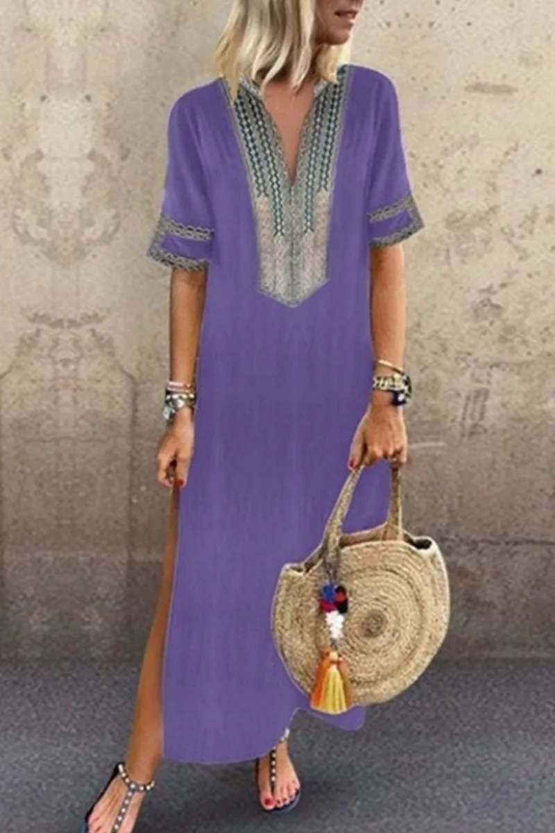 Fashion Celebrities Print Patchwork V Neck Printed Dress(6 Colors)