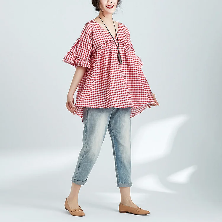 Beautiful red Plaid linen clothes For Women Plus Size Fashion Ideas v neck Butterfly Sleeve Plus Size blouses