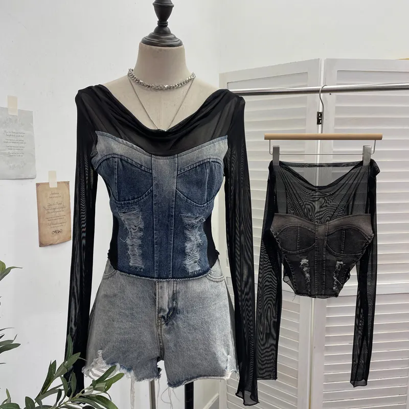 Churchf Sexy Collar Long-Sleeved T-Shirt To Make Old Hole Cowboy Splicing Net Bare Back Short Top 2236