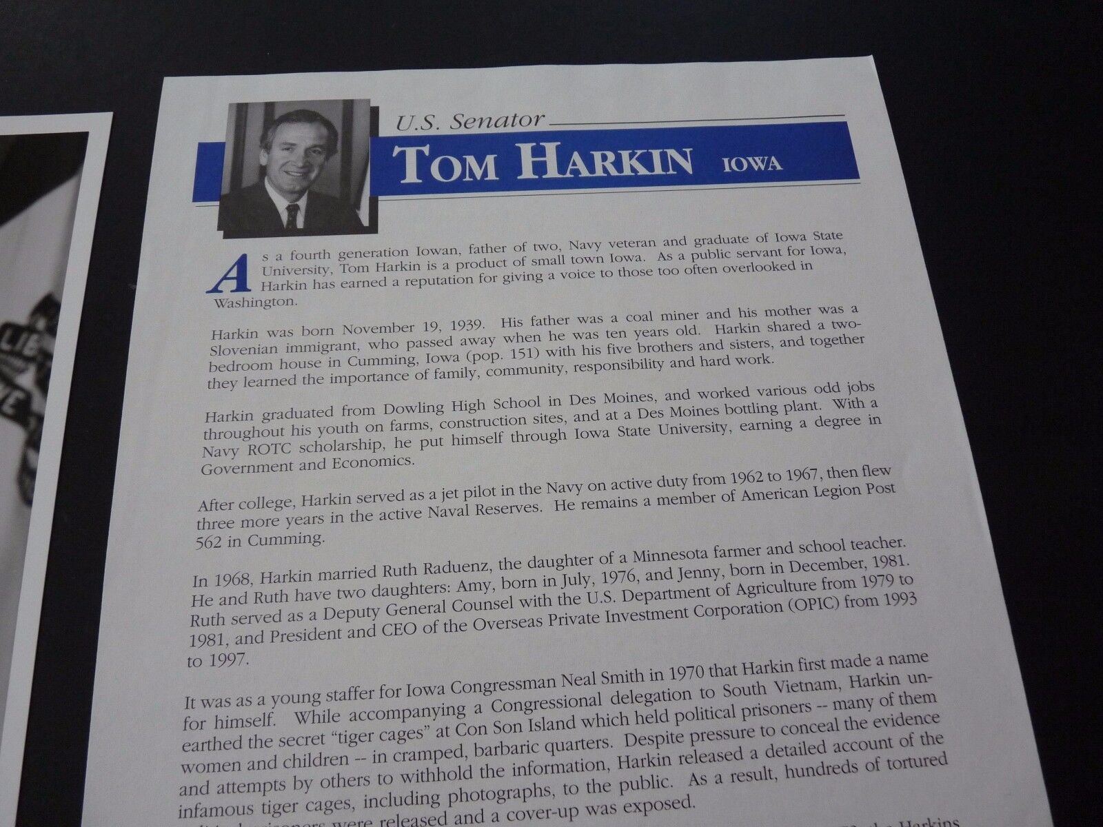 Senator Tom Harkin Autographed Signed 8X10 & Letter Photo Poster painting PLEASE READ