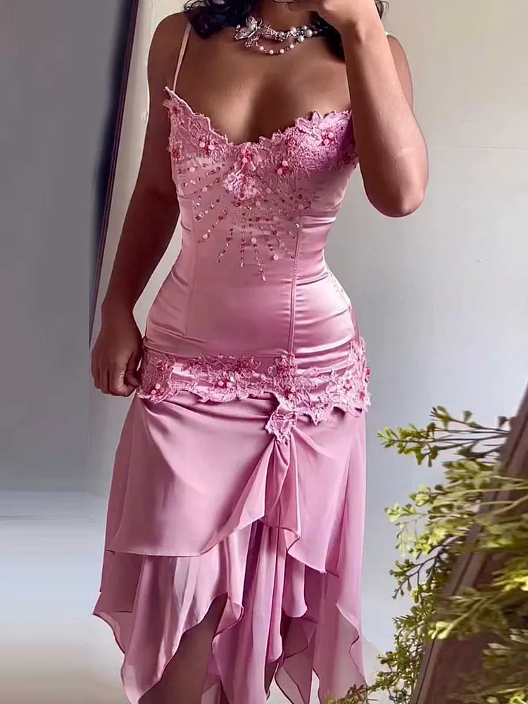 Shiny Sequinned Flower Embroidered Spaghetti-Neck Sleeveless Ruffled Satin Maxi Dresses Fairytale Dress