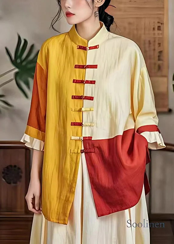 Pre sale - shipping in 30 days/Vintage Yellow Chinese Button Patchwork Linen Top Summer