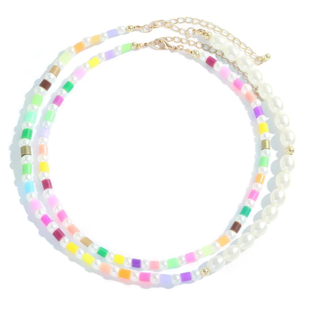 Dvacaman Boho Colorful 2pcs/set Beads Chain Necklace Trendy Ethnic Multi Layer Beaded Choker Necklace for Women Party Jewelry