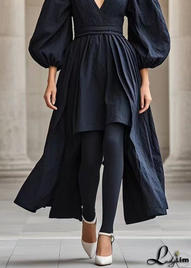 French Black V Neck Asymmetrical Cotton Dress Puff Sleeve