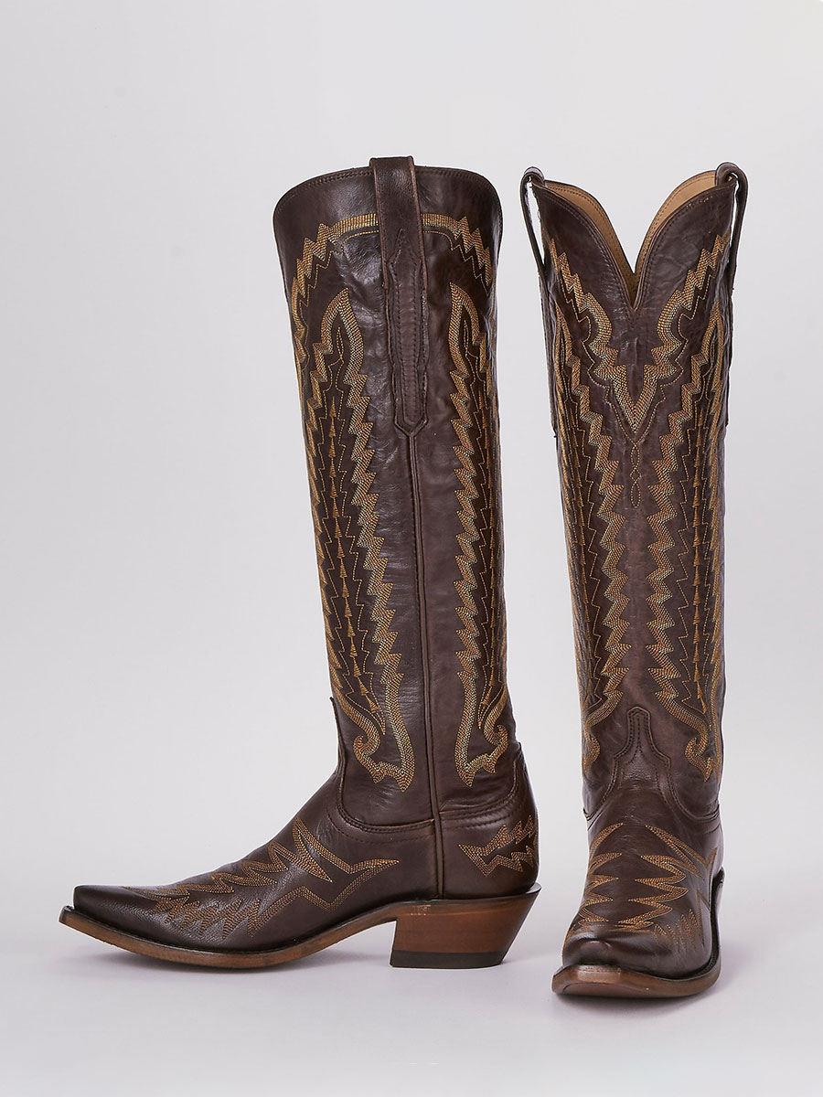Brown Snip Toe Embroidered Detail Wide Calf Knee-High Cowgirl Boots