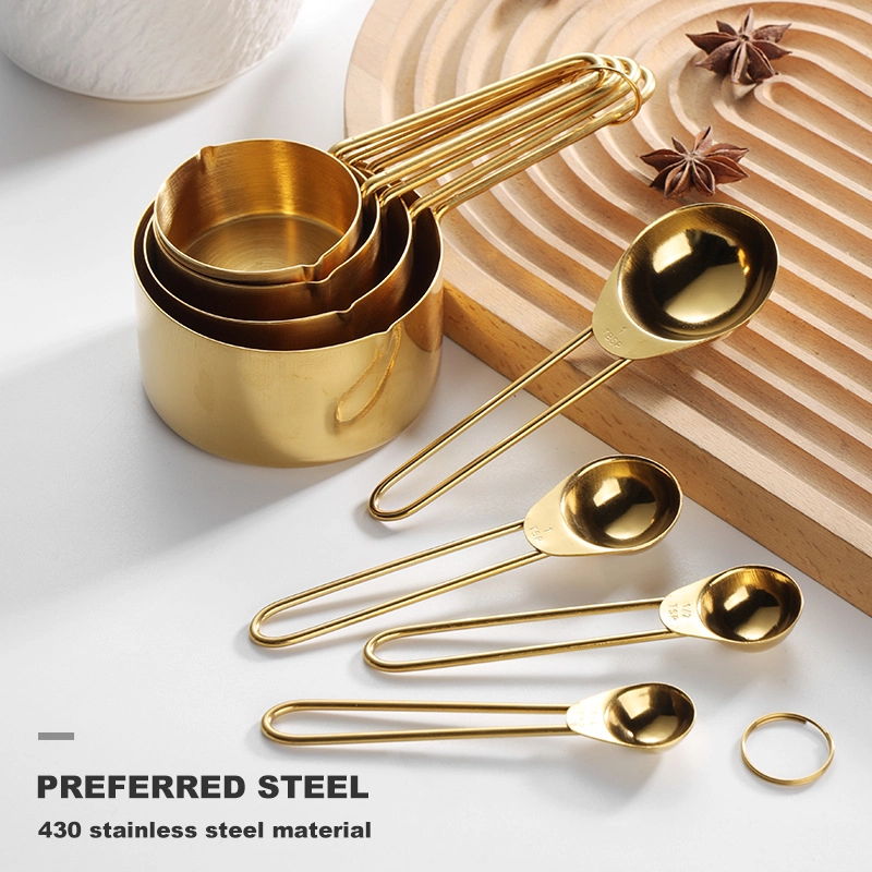 430 Stainless Steel Measuring Cup Measuring Spoon Suit 8-piece Rose Gold Wire Handle Measuring Spoon Measuring Cup 4-piece Set With Scale Gold