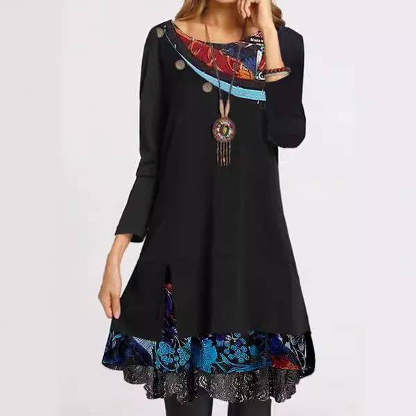 Wongn Wongn Dress Women's Print Loose Long Sleeved Round Collar Dress