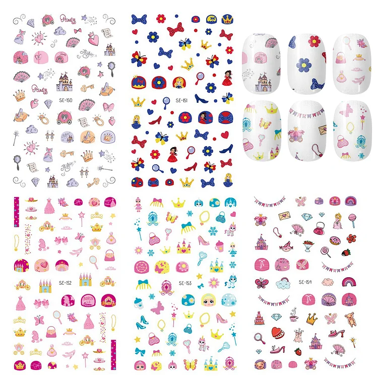5 Sheets Princess Bags Crown Cute Colorful Waterproof Nail Art Stickers Set Nail Art Decals
