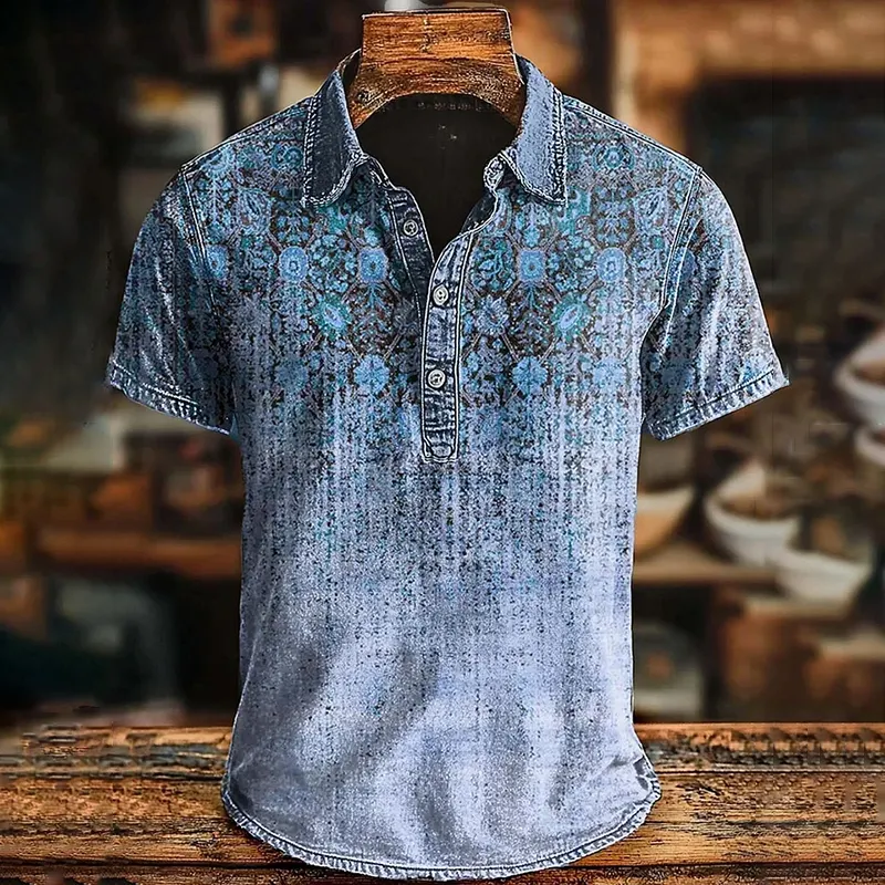 Men's Retro Ethnic Gradient Art Printed Casual Short Sleeve Polo Shirt  artssus