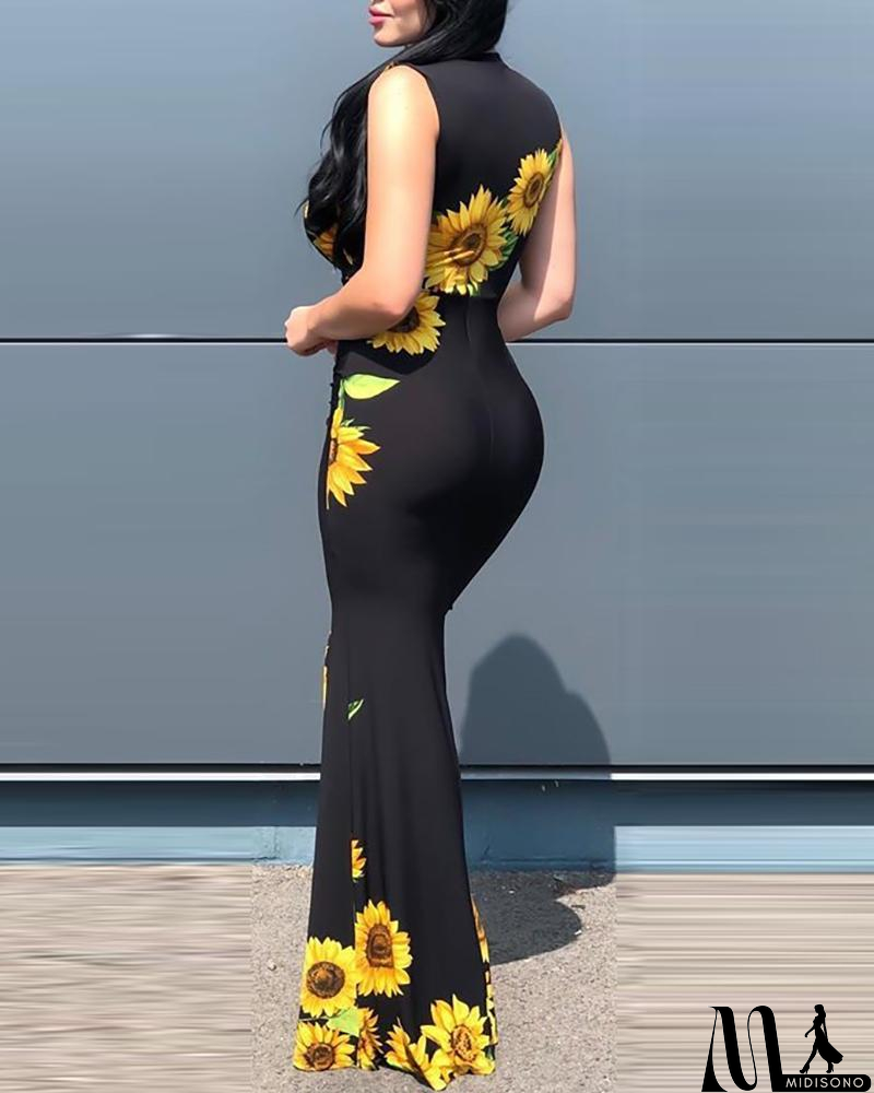 MidiSono - Elegant Women's V-Neck Printed Sleeveless Dress