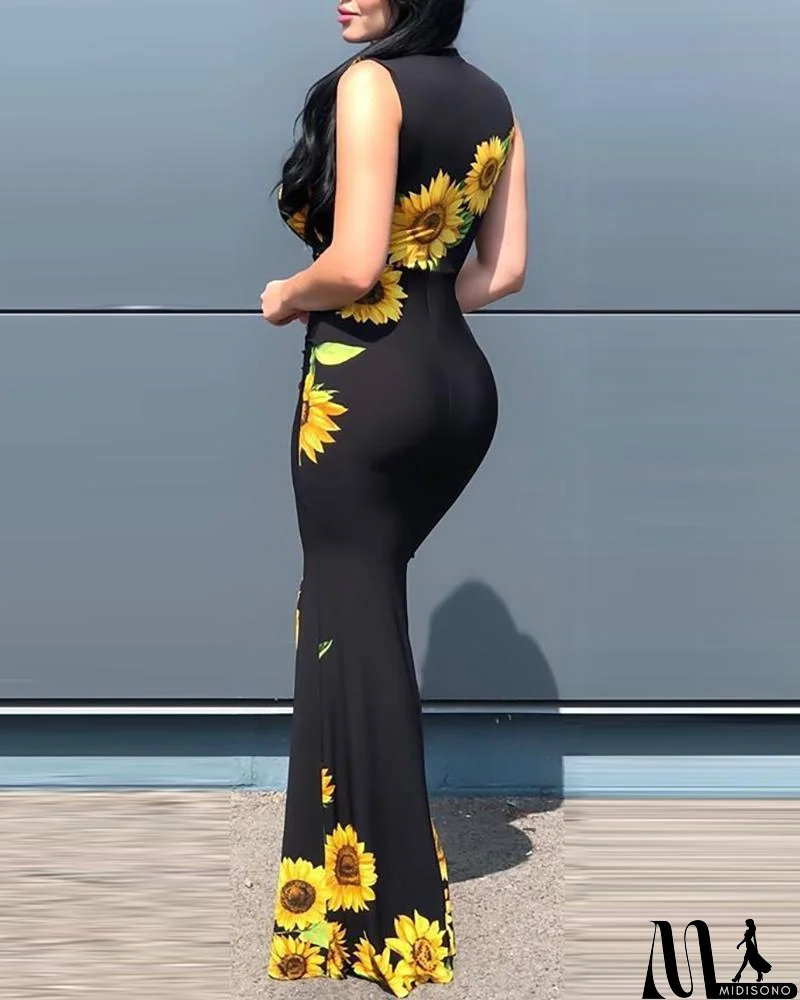 MidiSono - Elegant Women's V-Neck Printed Sleeveless Dress