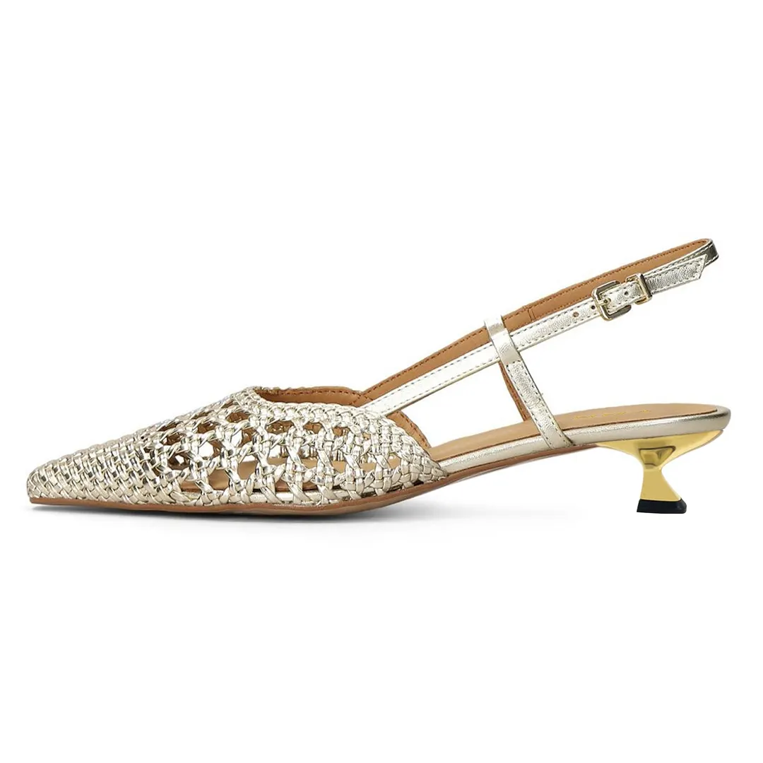 Stylish Gold Pointed Toe Woven Slingback Pumps Heels with Cut-Outs