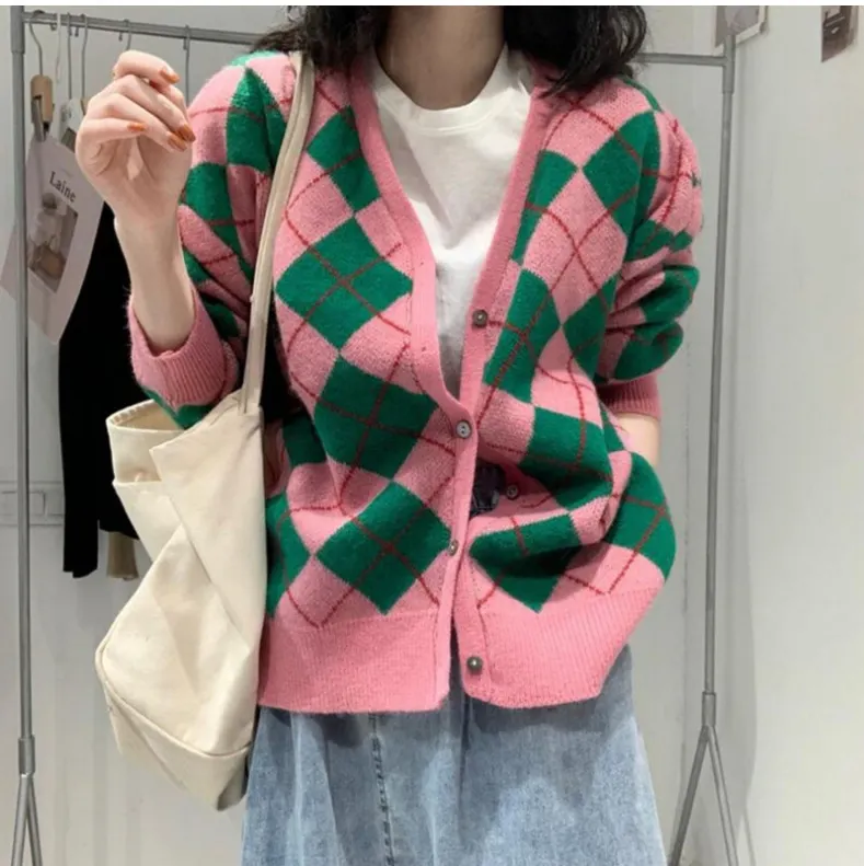Churchf Version Bump Color Diamond Case Knitting Cardigan Female Autumn Winter New Wear Retro Loose V-Neck Sweater Coat Female