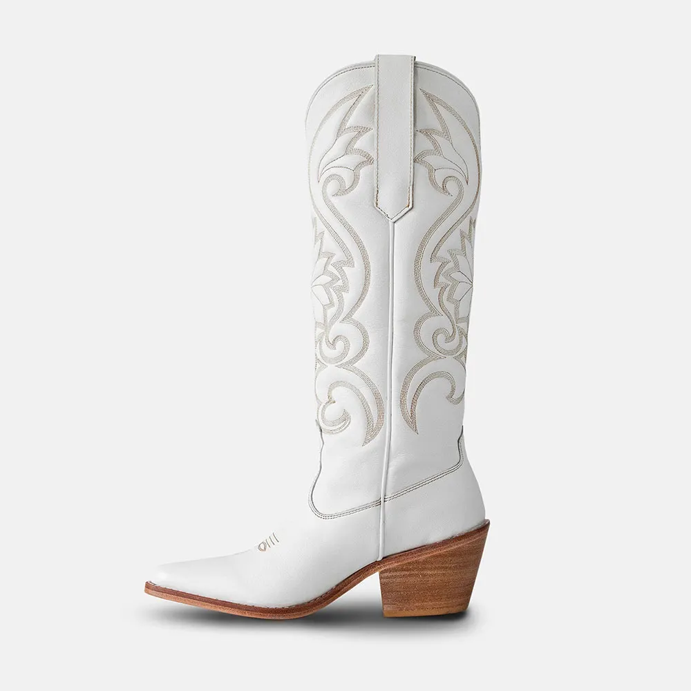 Women's Knee High Snip Toe Block Heel Embroidered White Cowgirl Boots