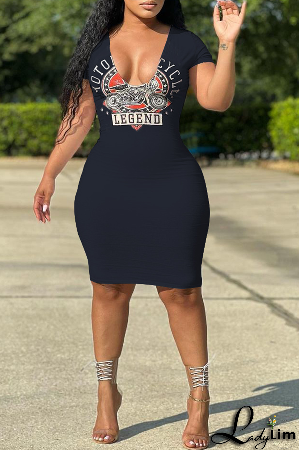 Tangerine Red Fashion Print Patchwork V Neck Pencil Skirt Dresses