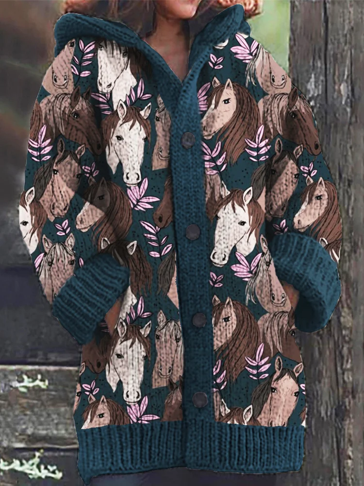 VChics Horse & Flower Print Cozy Long Cardigan Sweater