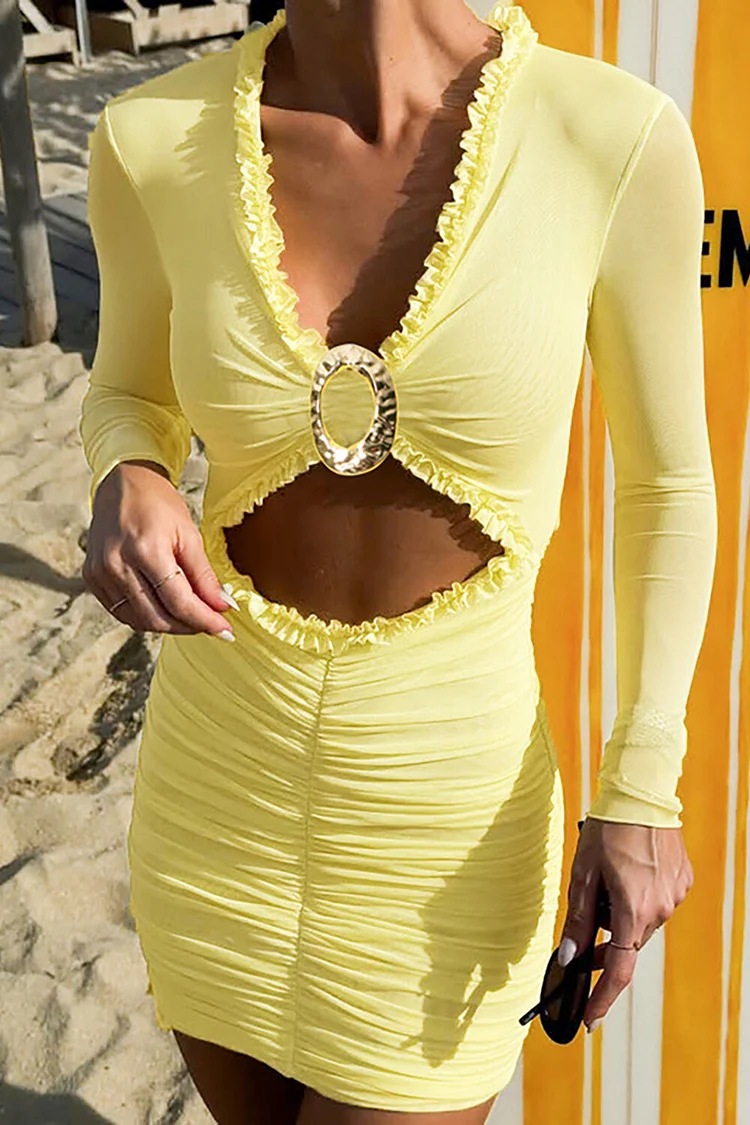 Frilled V Neck Metal Decor Cutout Long Sleeve Ruched Mesh Mini Dresses-Yellow
