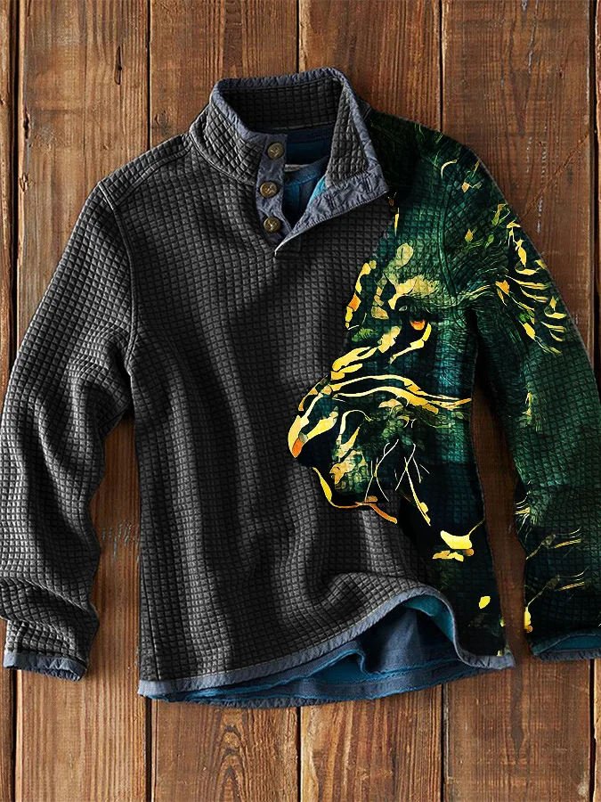Waffle Collar Lion Print Long Sleeve Shirt