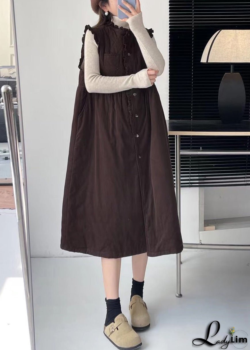 Coffee Pockets Cotton Filled Waistcoat Long Dress Stand Collar Winter