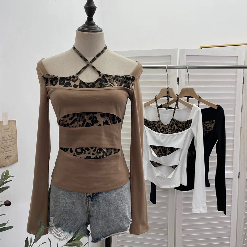 Nigikala Nigikala Shooting With Hanging Neck Leopard Print Splicing Two Long-Sleeved Tops A Short Shoulder Bottom T-Shirt 28787