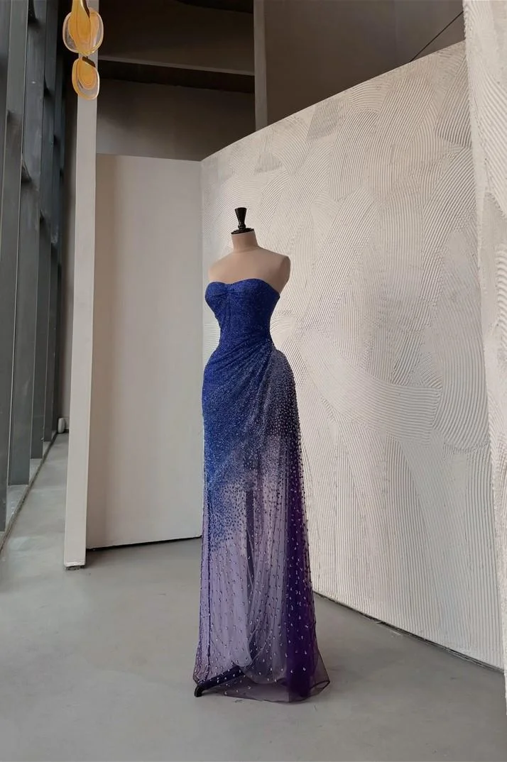Miabel Shinning Blue Purple Beaded Strapless Sweetheart Sleeveless Long Prom Dress with Pleated 